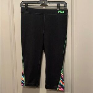 Fila Black Capri Workout Leggings Small Rainbow Stripe Neon Green